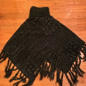 Tickled Pink Patchwork Knit Poncho w/ Thick Fringe